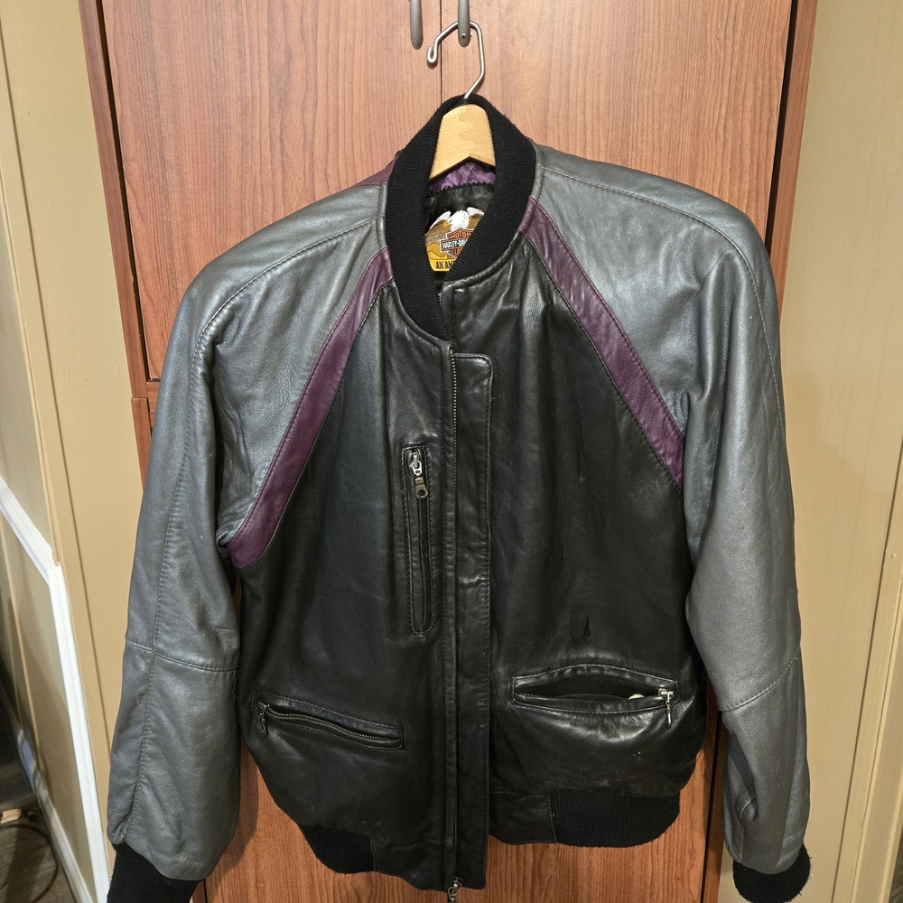 Harley-Davidson Leather Bomber Jacket in Black and Purple